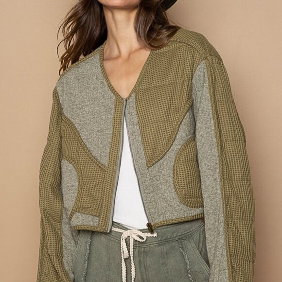 POL Quilted Knit Patch Jacket - Olive Green with Viding Detail- Unique & Stylish - Picture 1 of 5